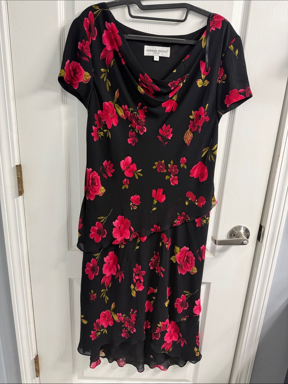 Vintage Donna Ricco Romantic Goth Black Asymmetrical Dress with Pink Red Floral